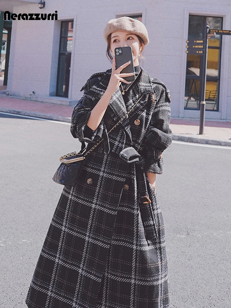 Nerazzurri Autumn Winter Loose Stylish Chic Colorful Thick Warm Plaid Woolen Coat Women Raglan Sleeve Sashes Korean Fashion 2023