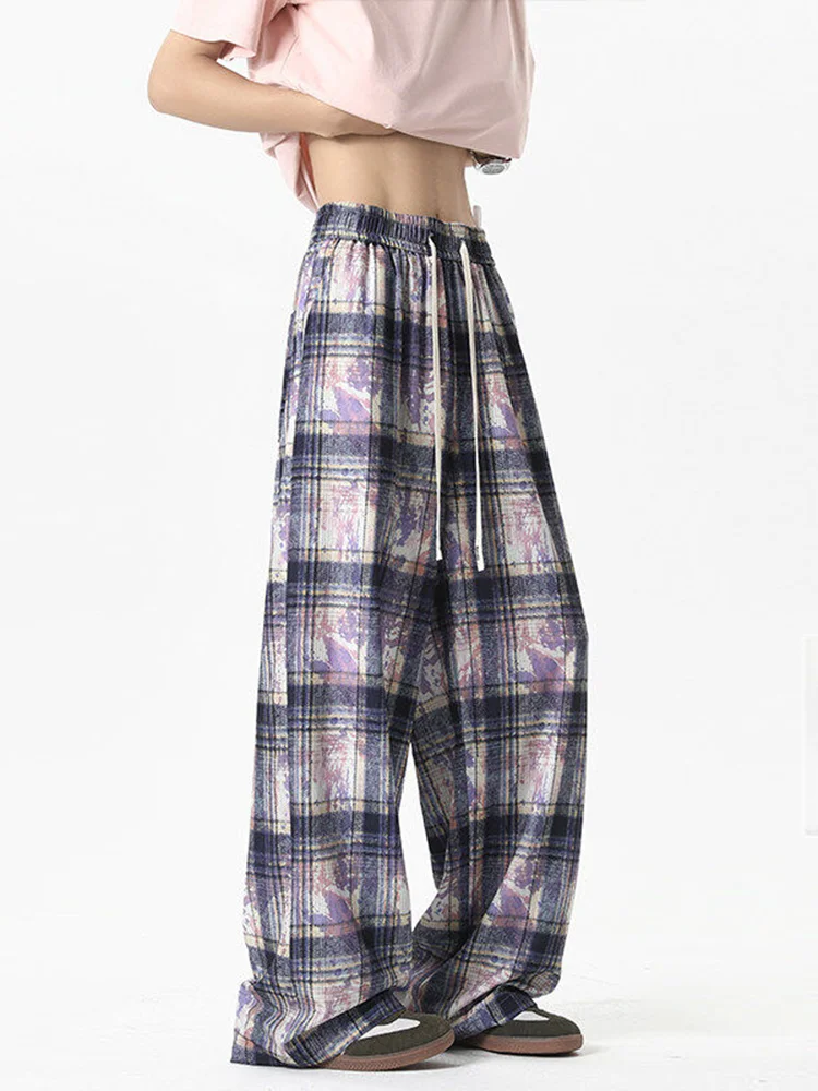 

Retro American Dyed Plaid Pants Men Summer Thin Ice Silk Straight Loose Knife Pants Dra Long Trousers Casual Faion
