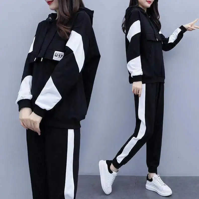 Tamanho grande moda feminina terno esportivo 2024 primavera e outono novo estilo moda solta casual manga comprida conjunto de duas peças