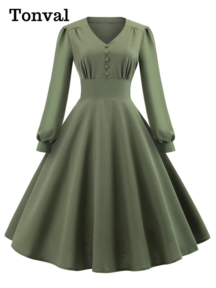 Tonval V-Neck Button Front High Waist Long Bishop Sleeve Women Elegant Autumn Clothes Green Solid Vintage Ladies Swing Dresses