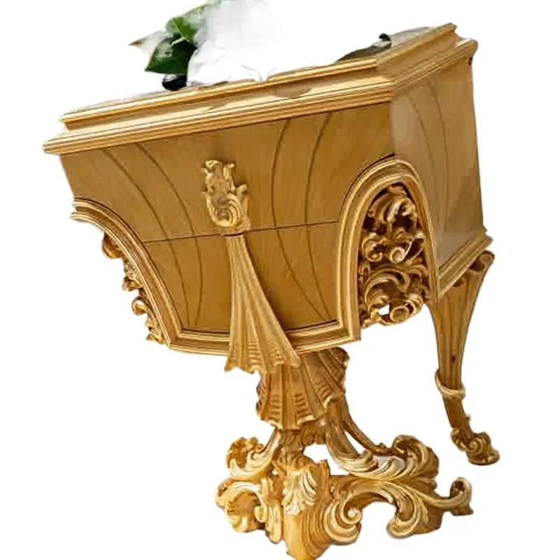 Antique Style Hand Carved Solid Wood Bedside Table Gold Decorative Nightstand for Master Bedroom Furniture