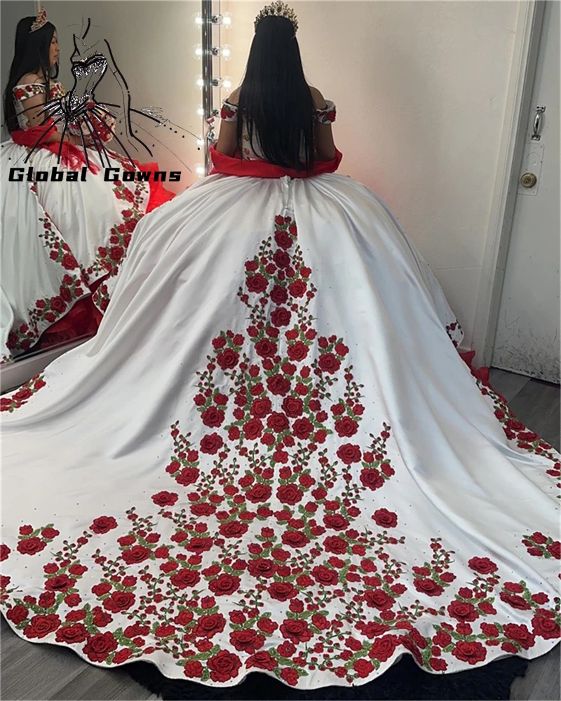

Mexican Red Roses Embroidery Quinceanera Dresses With Bow Lace-Up Ball Gown Birthday Gowns Off The Shoulder Sweet 16