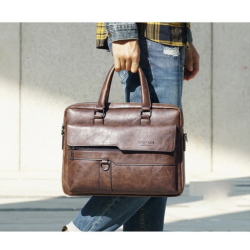 Men'S Briefcase PU Leather Executive Vintage Laptop Handbags Shoulder Business Tote Messenger Office Portfolio Bag Male Husband