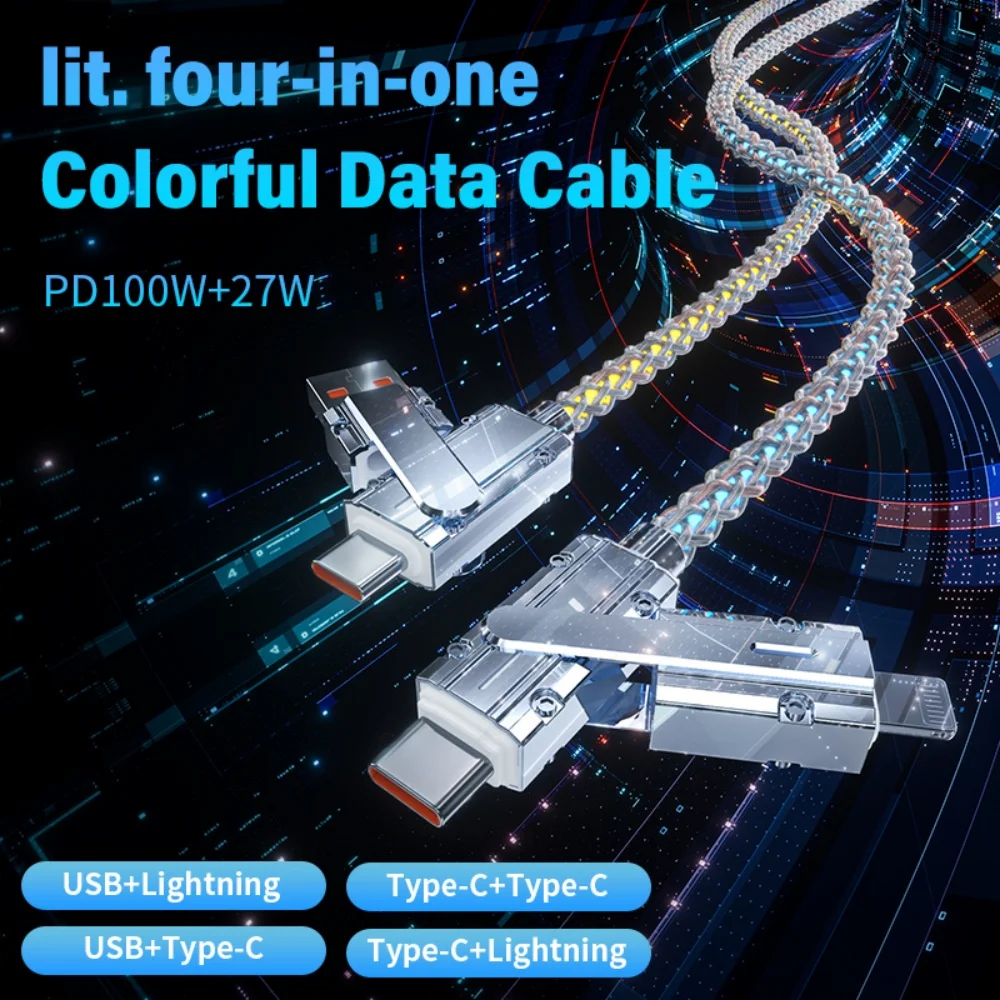 كابل بيانات 4 في 1 خفيف متعدد الوظائف PD كابل شحن RGB مصباح التنفس 66 وات شحن سريع مناسب لهاتف iPhone Samsung Xiaomi #1