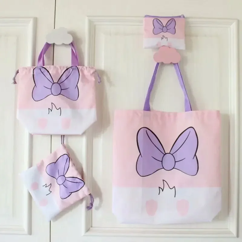 Disney-bolso de hombro plegable portátil con bolsillo de doble cara, bolsa de transporte pequeña con cordón, protección del medio ambiente, dibujos animados, margaritas lindas