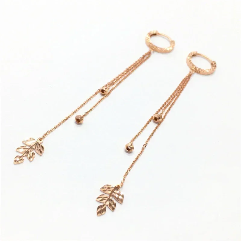 585 Purple Gold Plated 14K Rose Gold Leaf-shaped Tassel Earrings for Women Long Chain Charm Classic Light Luxury Jewelry