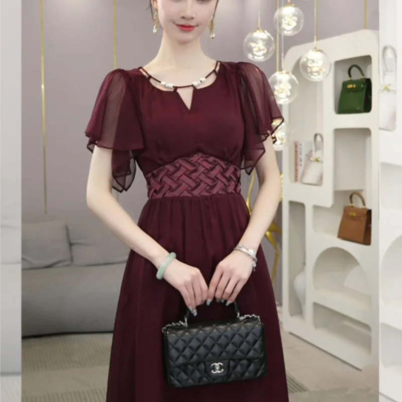 New temperament goddess fan sense light luxury fashion wine red dress