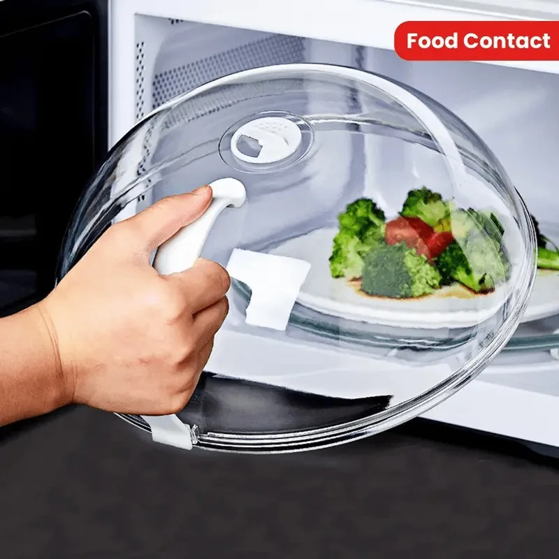 

Microwave Safety Splatter Guard - Transparent, reusable, heat-resistant PP plastic food cover with an ergonomic handle, designed for steam retention and mess-free heating