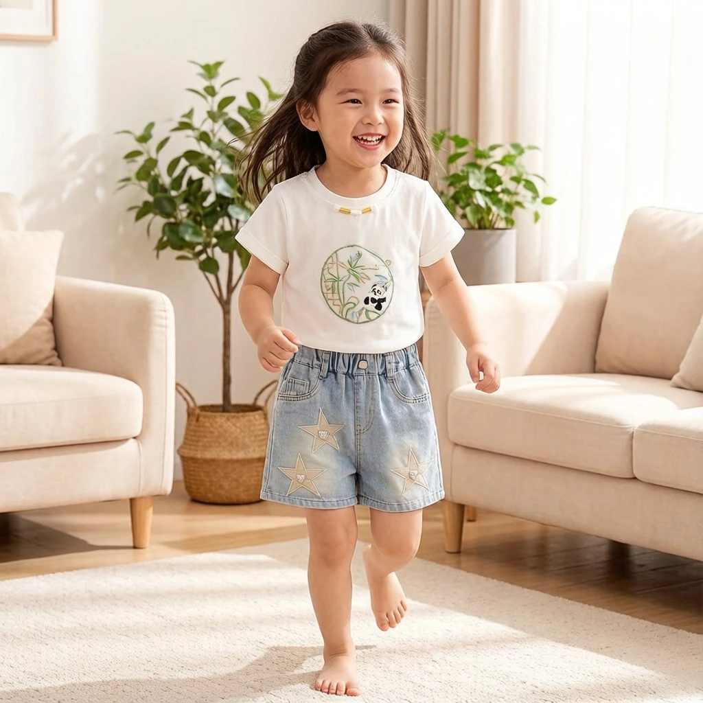 Chinese Style Kids' Summer Collection 2026 New Chinese Design Denim Shorts for Girls Lightweight Breathable