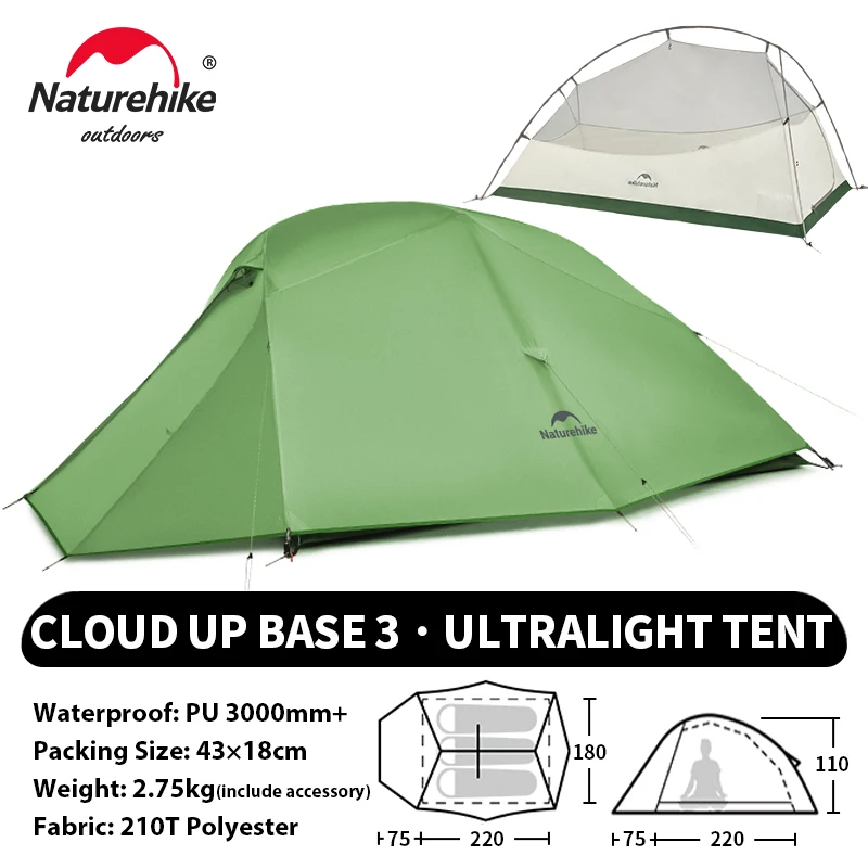 Naturehike Cloudup 3 テント 3人用 グリーン Naturehike Cloud Up3 テント 超軽量 3人用 防水 防風 旅行 二重層