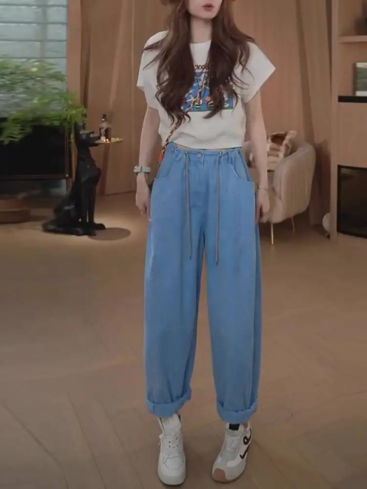 

Джинсы женские с высокой талией, прямые, на шнурке, из тонкого денима, летние, облегающие, широкие брюки-харлан, осенняя новинка