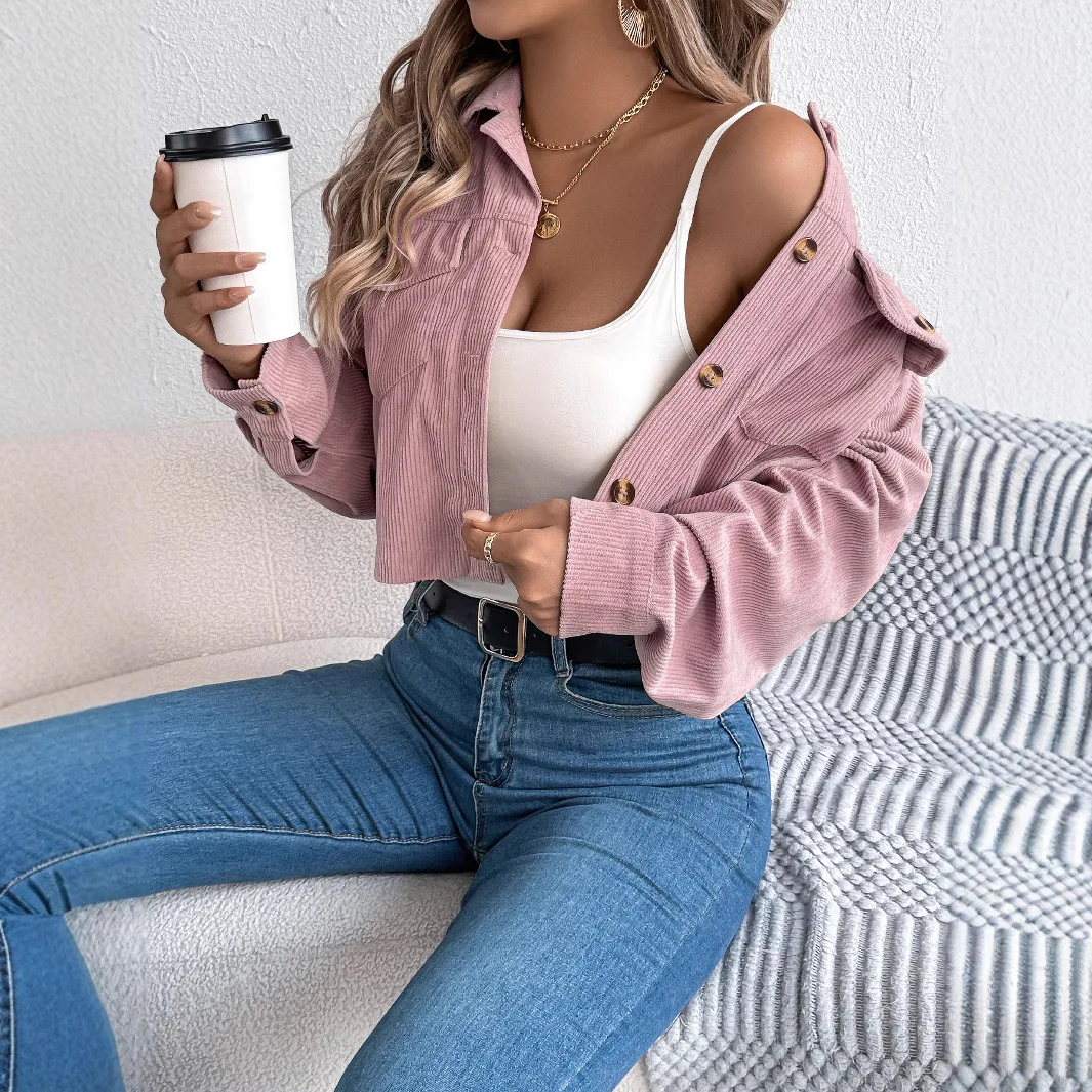 

Модная укороченная женская куртка из вельвета с карманами и длинными рукавами, очень большого размера, осенне-зимнее утепленное пальто на пуговицах