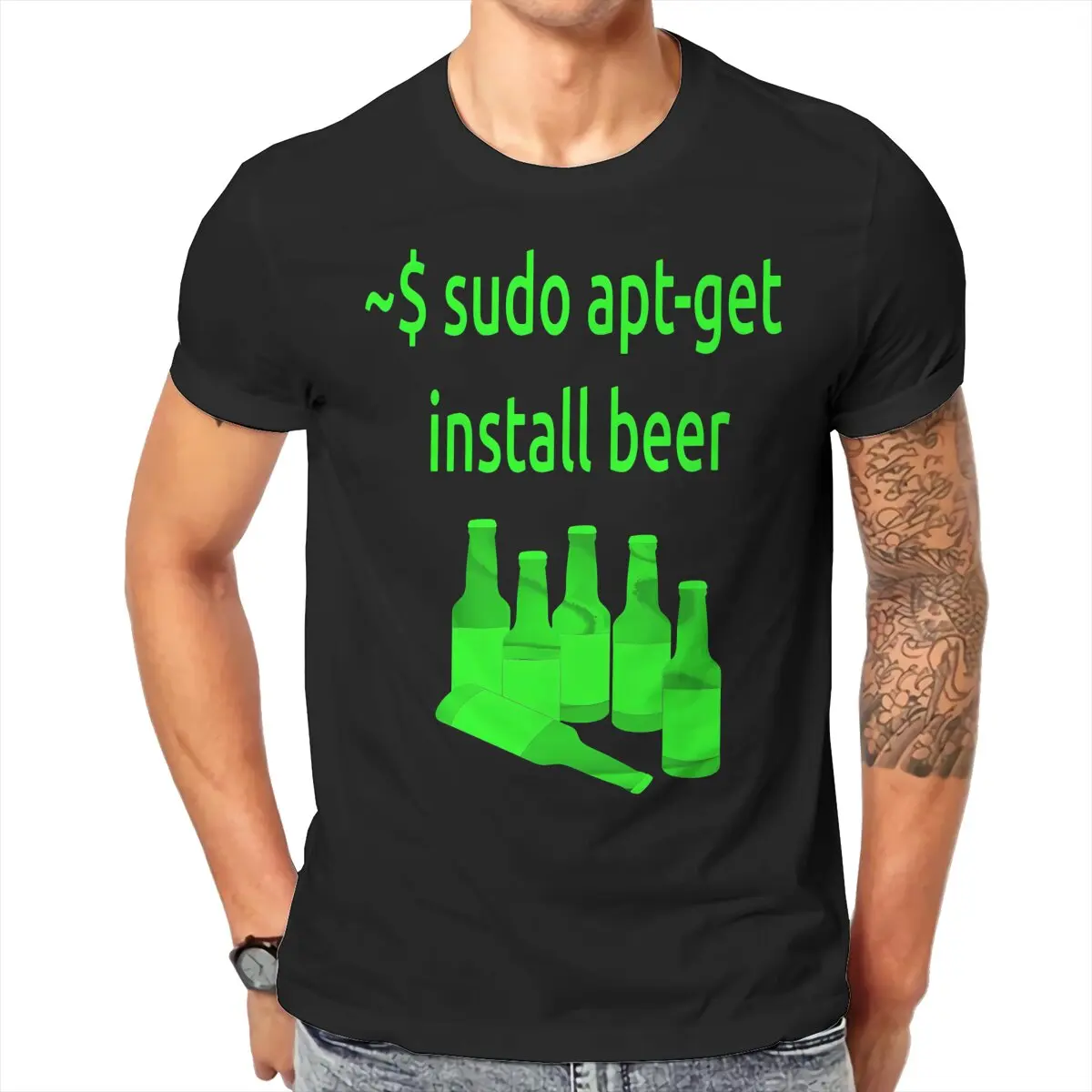 Men Linux sudo apt-get install beer Classic T-Shirt Crewneck Cotton Style  Hipster Ofertas O Neck Graphic Tshirt