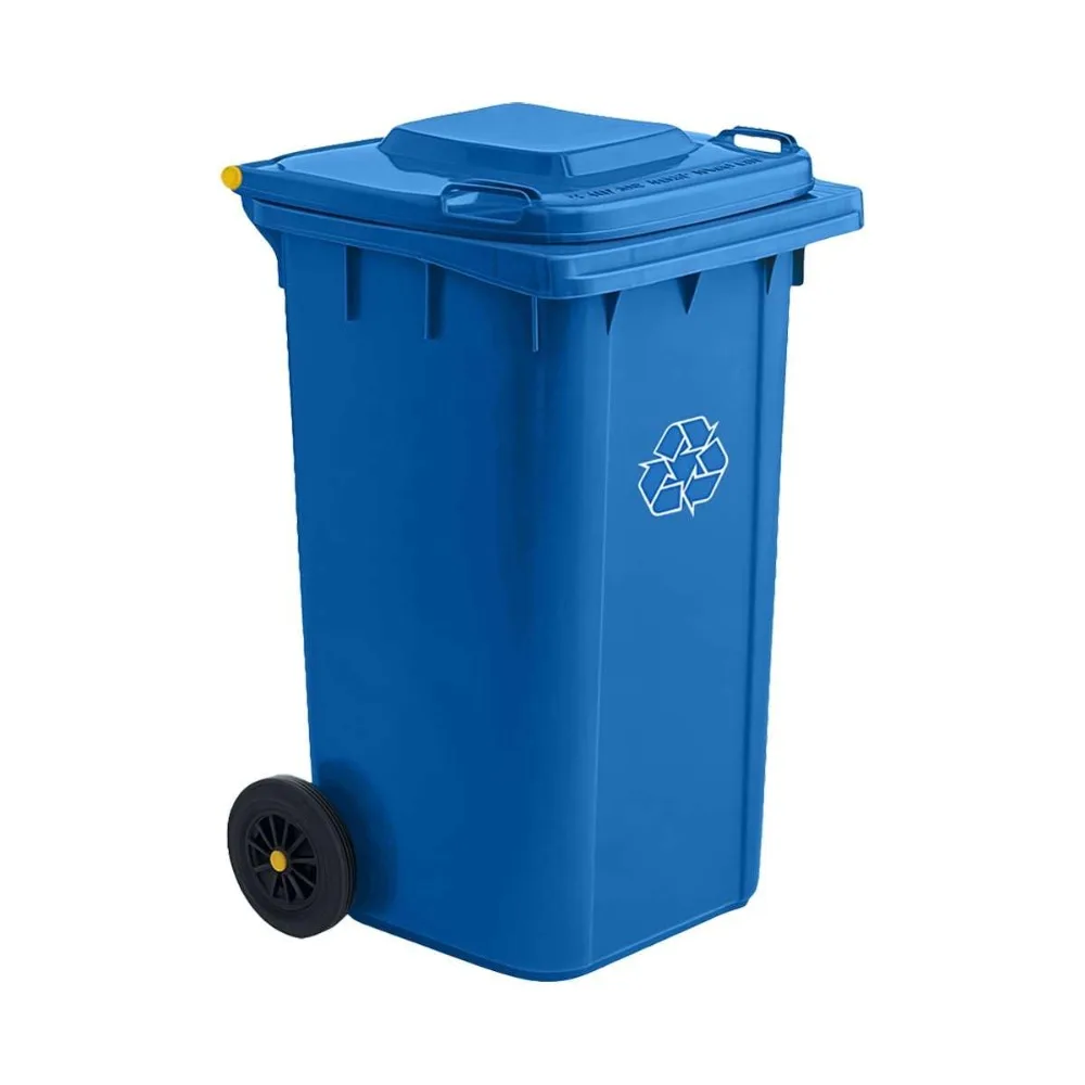 

Heavy-Duty 64 Gallon Blue Rolling Recycle Bin with Wheels and Hinged Lid for Outdoor Use