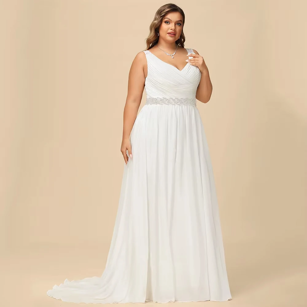 Customized Chiffon Wedding Dress Plus Size Sleeveless V Neck Pleat Beading Belt Open Back Beach Bridal Gown Vestido Bridal Gown