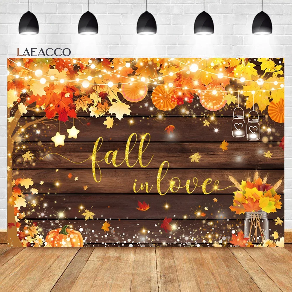 

Laeacco Fall in Love Photography Backdrop Autumn Maple Leaves Glitter Wood Board Bridal Shower Wedding Party Decor Background