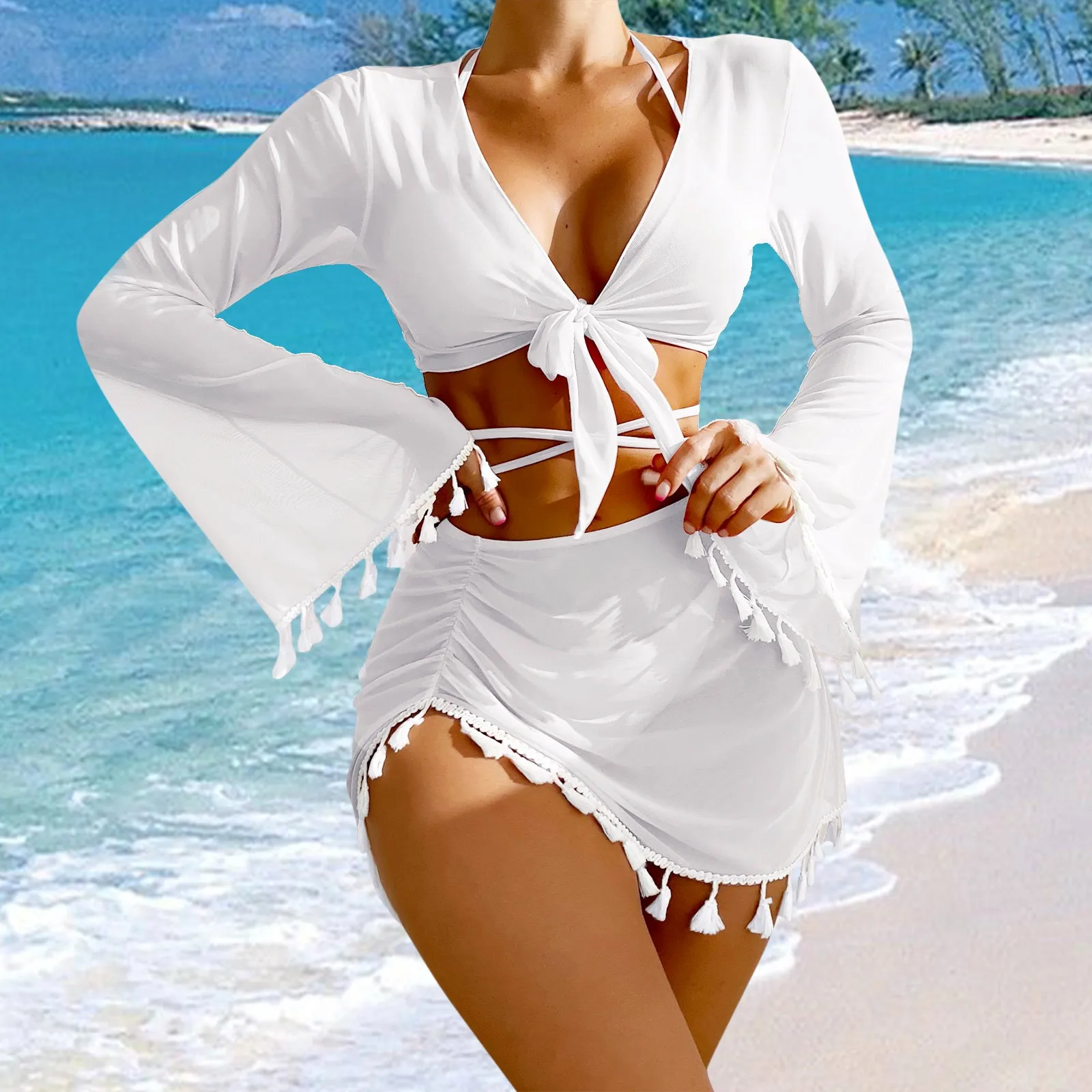 4-Pieces Bikini Set Cover Up With Tassels Skirt&Tops String Thong Bathing Suit Women Swimsuit Summer Swimwear Beach Wear