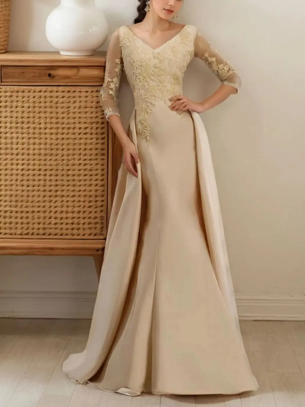 

Elegant Luxury Mermaid Wedding Guest Dress Lace V Neck 3/4 Sleeve Floor Length Appliques Prom Evening Gown 2025 Free Customized