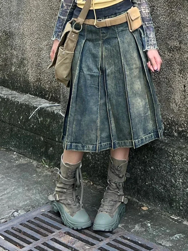 

Women 2000s Harajuku Fashion Jean Midi Skirt Denim Midi Pleated A-line Skirts Dark Academia Y2k Preppy Japanese Grunge Gyaru New