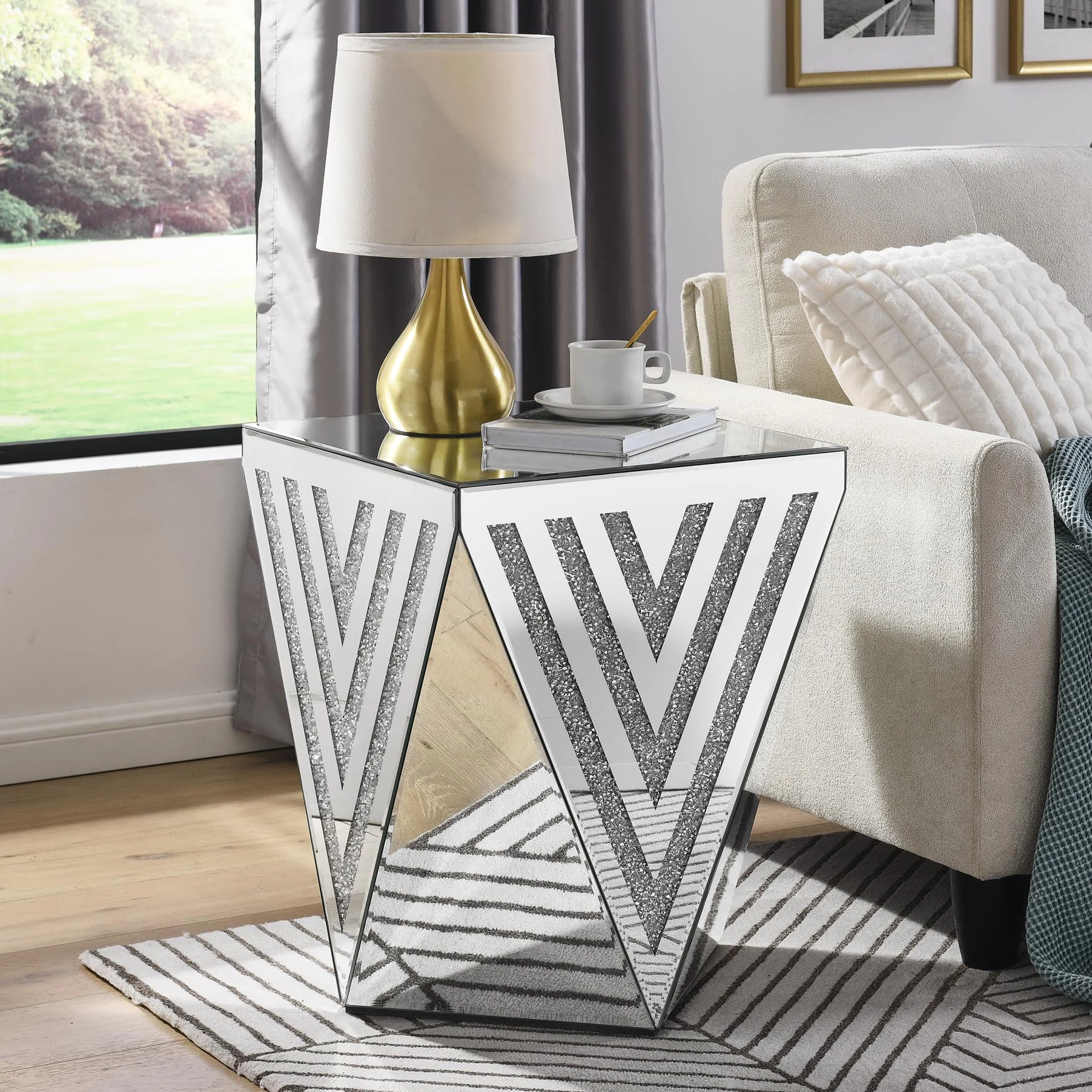 Silver Mirrored End Table, Crystal Inlay Side Table Accent Table, Small Mirrored Coffee Table for Living Room, Sofa, Bed