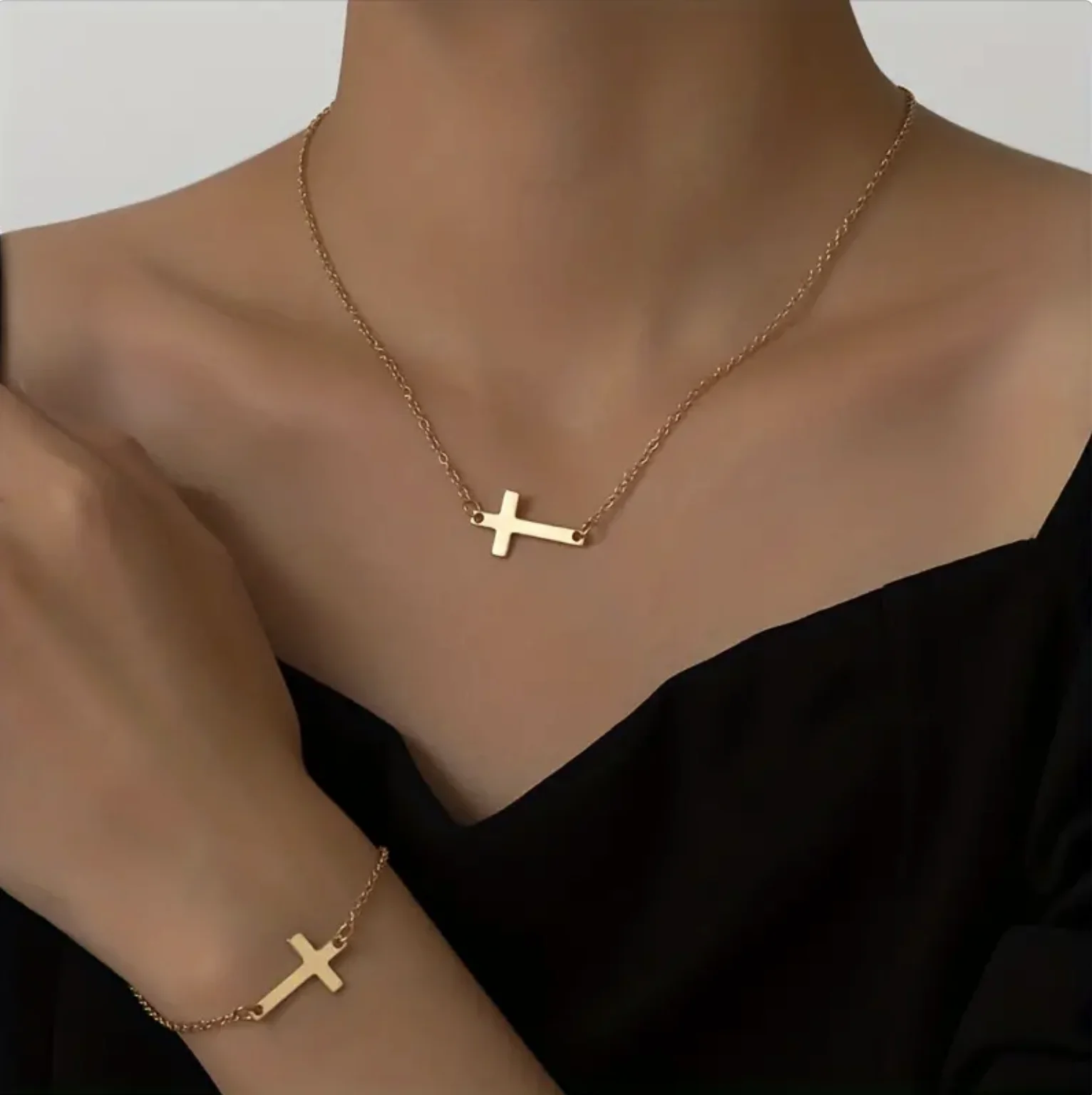 

Necklace Plus Bracelet Chic Jewelry Set Plated Trendy Cross Design Match Daily Outfits Dainty Party Accessories