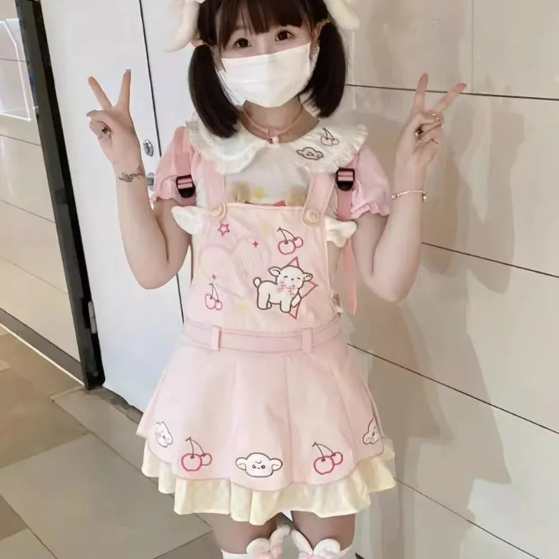 Japanese Sweet Lolita Style Dress Set Women Kawai Cartoon Sheep Embroidery Bow Strap Dress Suit White Peter Pan Collar Shirt Top