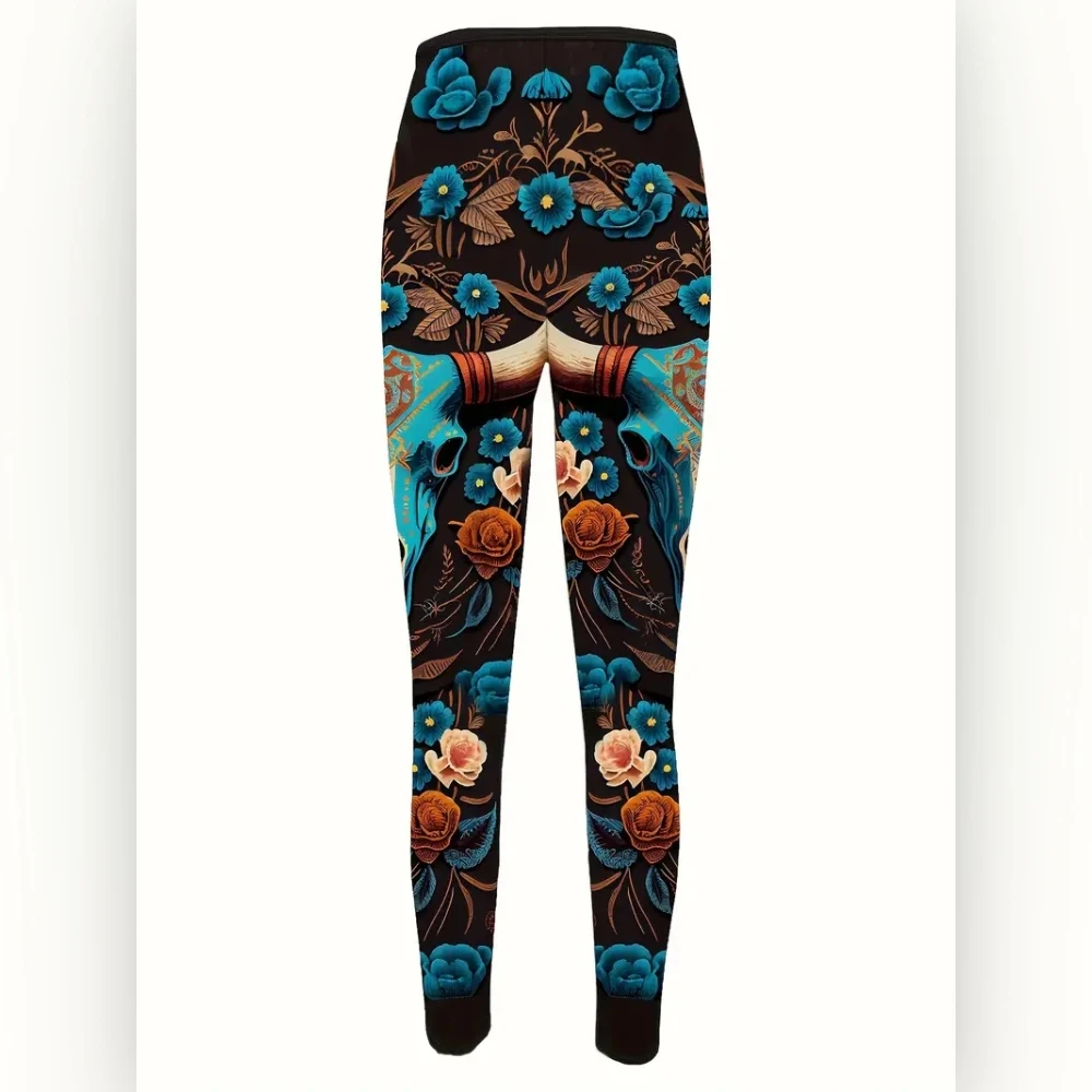 Cow head flower print elastic elastic waist slim casual leggings for women