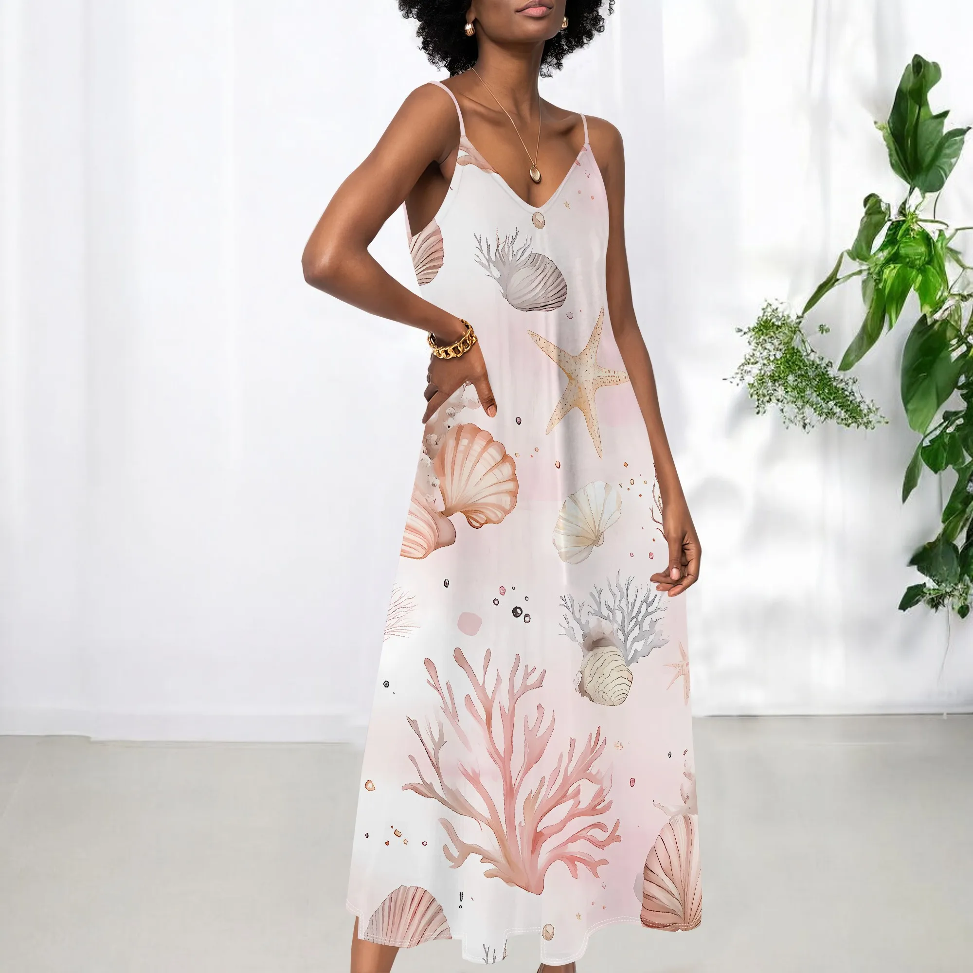 

EQQZD Elegant Spaghetti Strap V-Neck Maxi Dress, Simple Beach Pattern Print Dress, Casual & Stylish Dress