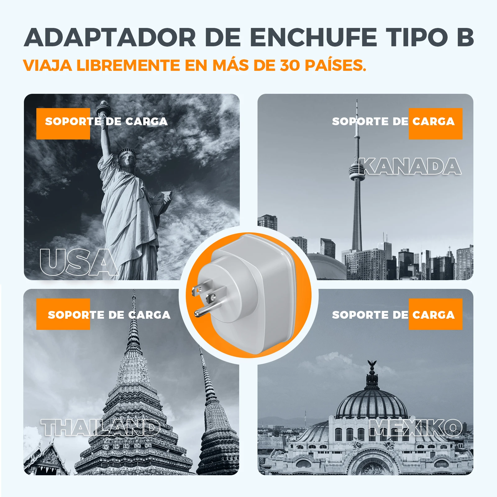 Adaptador de viaje TESSAN de la UE a EE. UU., adaptador de enchufe para América y Europa con adaptador de enchufe USB C 3A, adaptador de corriente de viaje para Canadá y México