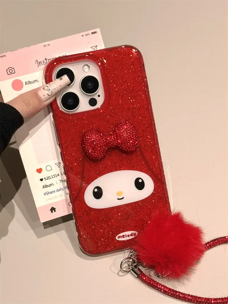 

Cartoon Red Sparkling Pink 3D Bow Melody Phone Case For iPhone 17 16 Pro Max Air 15 7 PLUS 13 MINI XR X XS MAX Laser Pendant Y2K