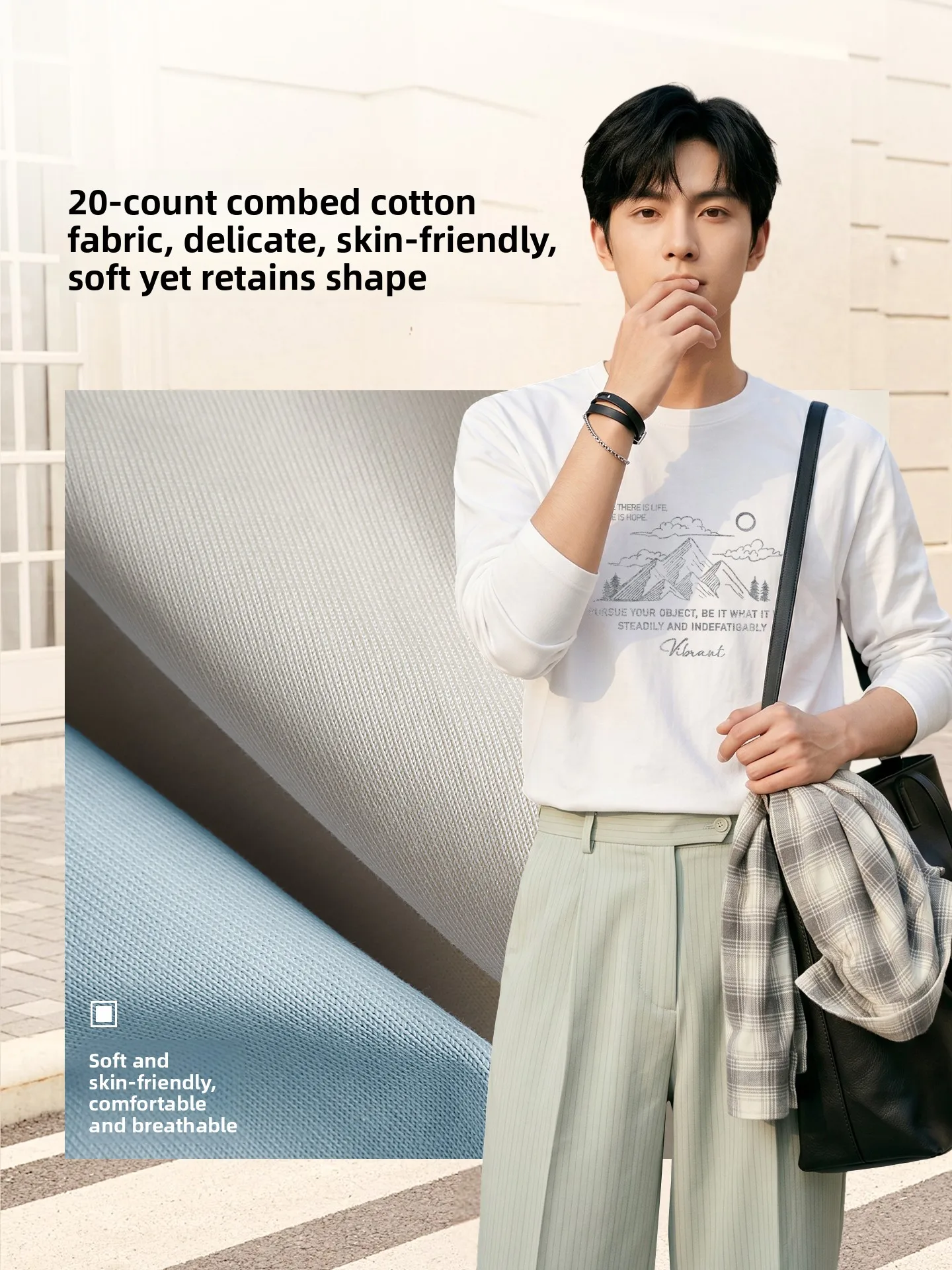 Men's Pure Cotton Base Shirt Grey Cloud Mountain Tibet Blue T-shirt Autumn Fashionable Retro Streetwear for College Students