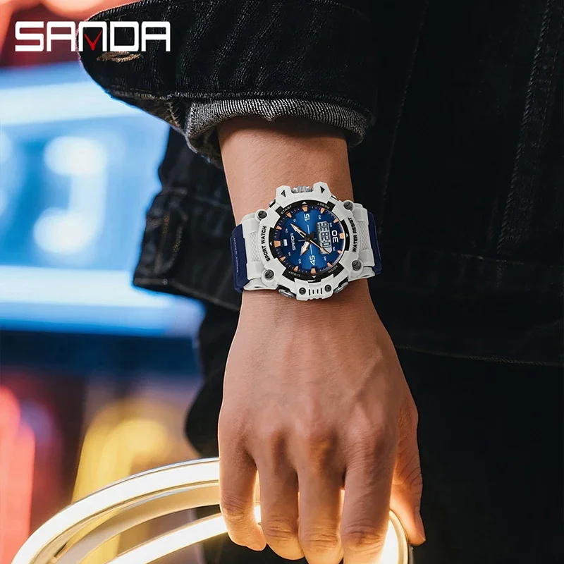 SANDA G نمط الرياضة العسكرية في الهواء الطلق ساعة رجالية متعددة الوظائف مقاوم للماء LED موضة ساعة اليد الإلكترونية للرجال المنبه