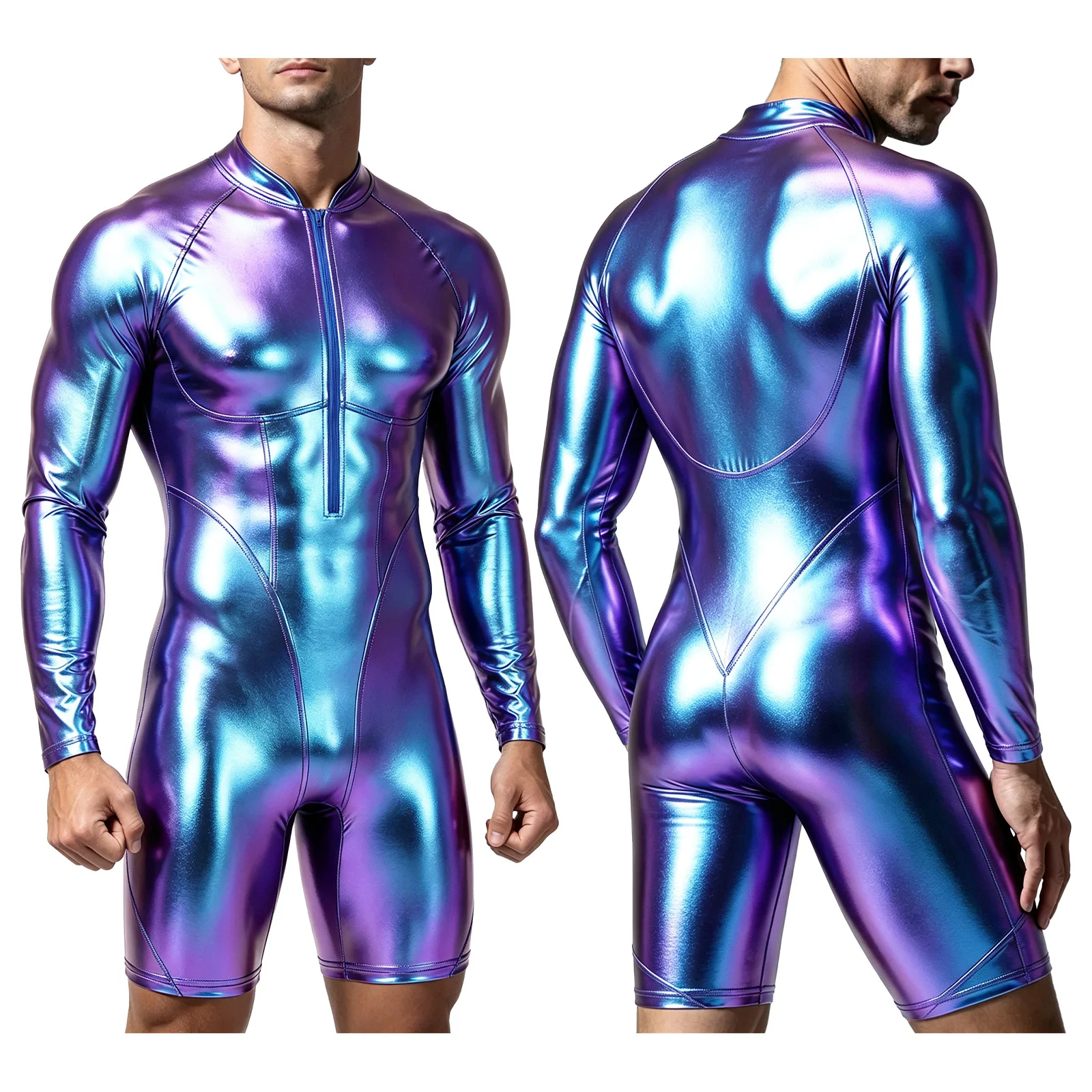 Mens Metallic Shiny Bodysuit Swimwear Swimsuit Front Zipper Long Sleeve One-piece Bodycon Gymnastics Leotard Bodysuit Dancewear