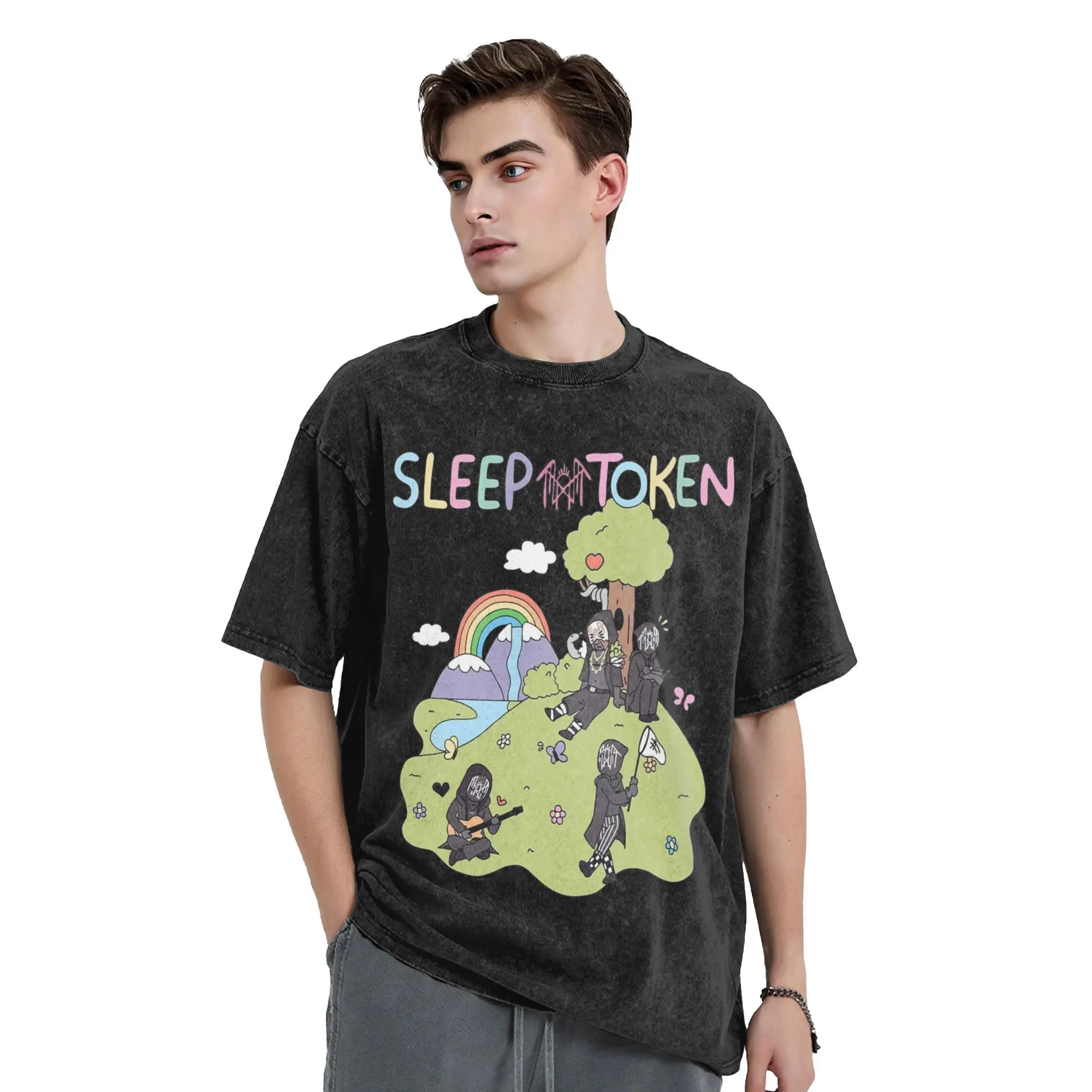 

Sleep Heavy Band Tokens Washed Футболки Уличная одежда Хип-хоп Модная футболка Футболка для мужчин и женщин с коротким рукавом Oversize Лето