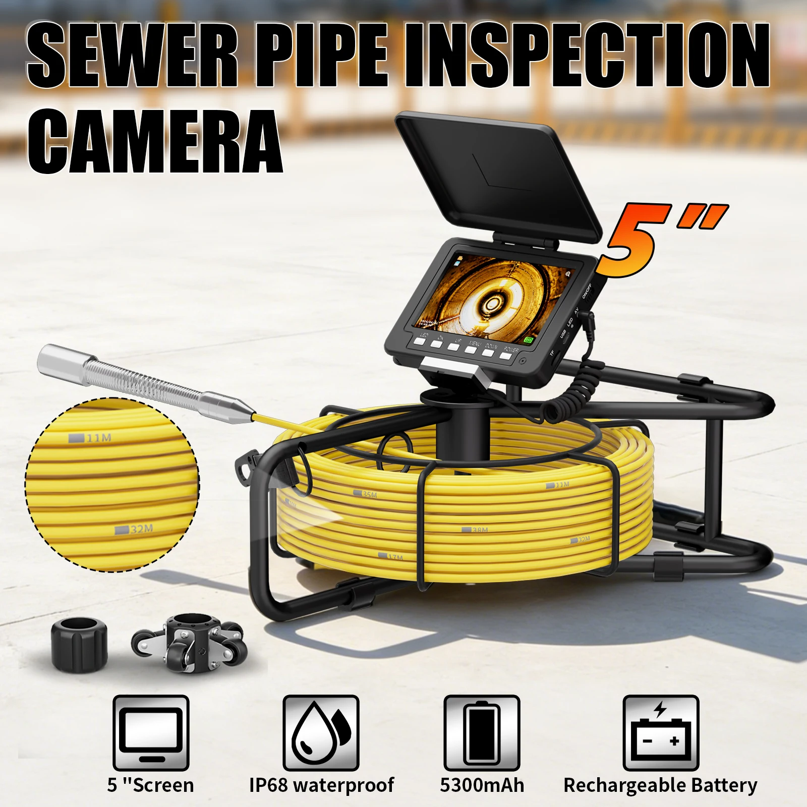 5 Inch Pipe Inspection Camera, AHD 1080P Endoscope Camera, IP68 Waterproof, DVR Recording 16GB, 18mm/23mm Sewer Camera 5300mAh