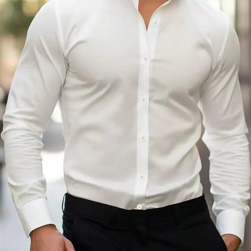 

Busin Casual Long Sve irt Men's Pure Color No Ironing Required Wior Collar PU Leather Fabric Resistant to Fading A...