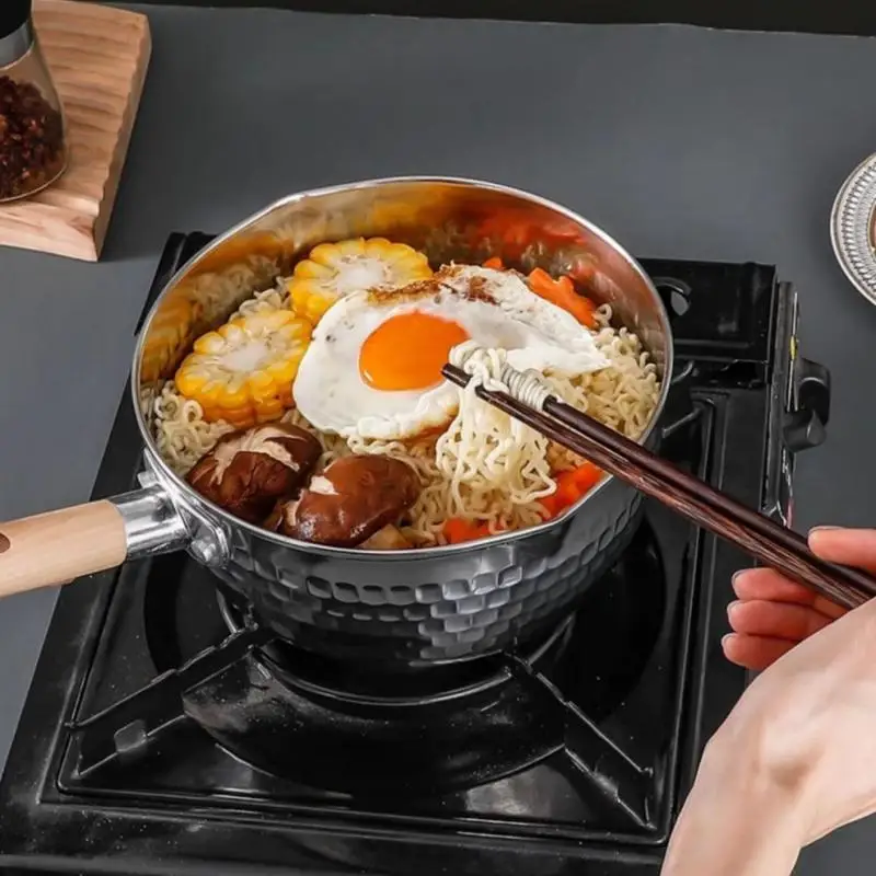 【S】Stainless Steel Soup Pot Snow Pot Flat Bottom Non-Stick Wok Solid Wood Handle With Hook Stew Pot Milk Pot Kitchen Cookware