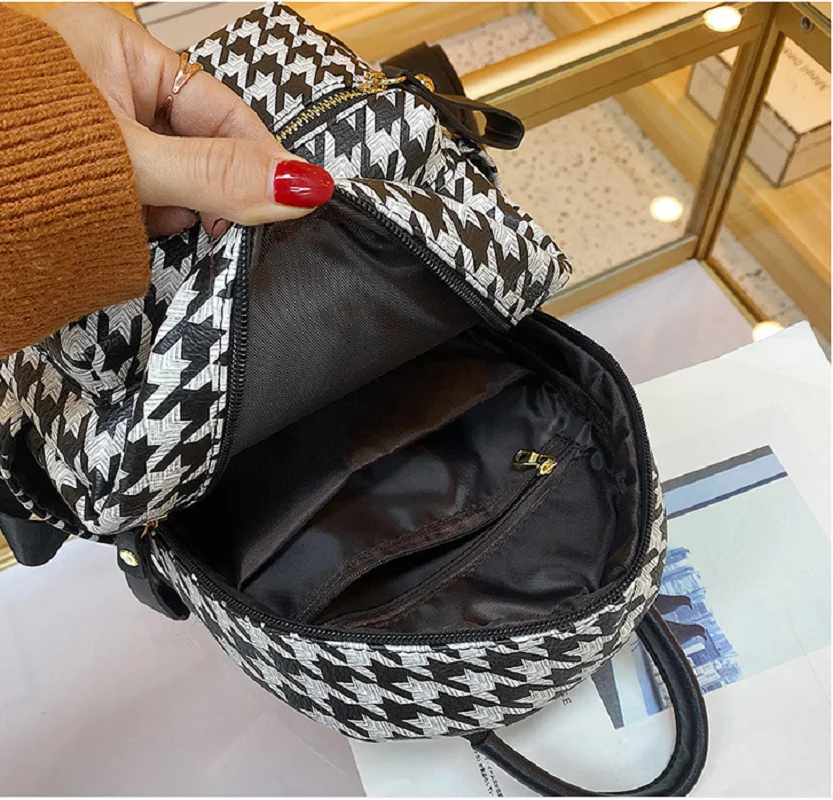 Women Fashion Luxury Houndstooth Large Capacity Travel Backpacks High Quality Leather Shoulder Bags School Bag Totes Bagpack