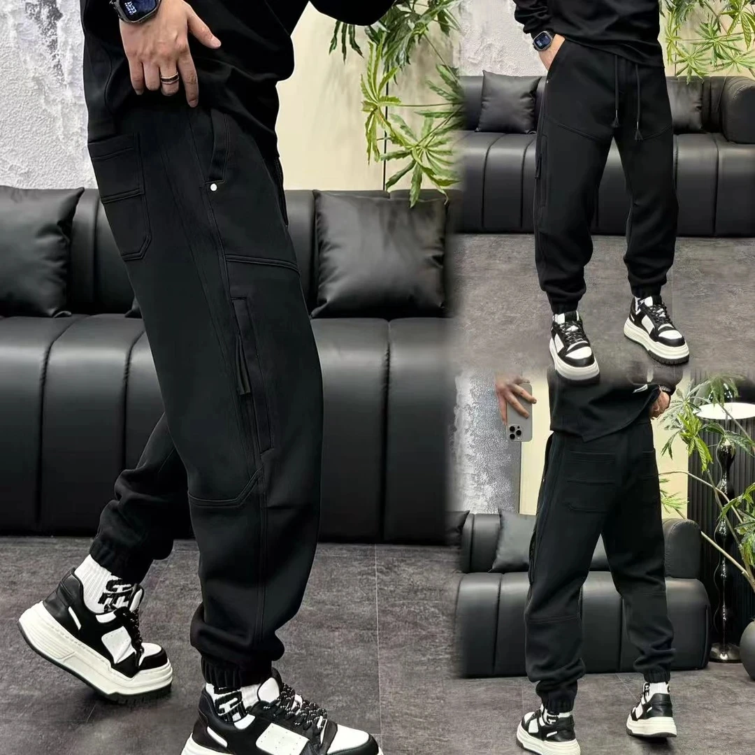 

Men's Loose Fit Thi Casual Pants Autumn Winter Bla Elastic Zipper Splice Sports Long Trousers Multi ket Cuffed Leisure...