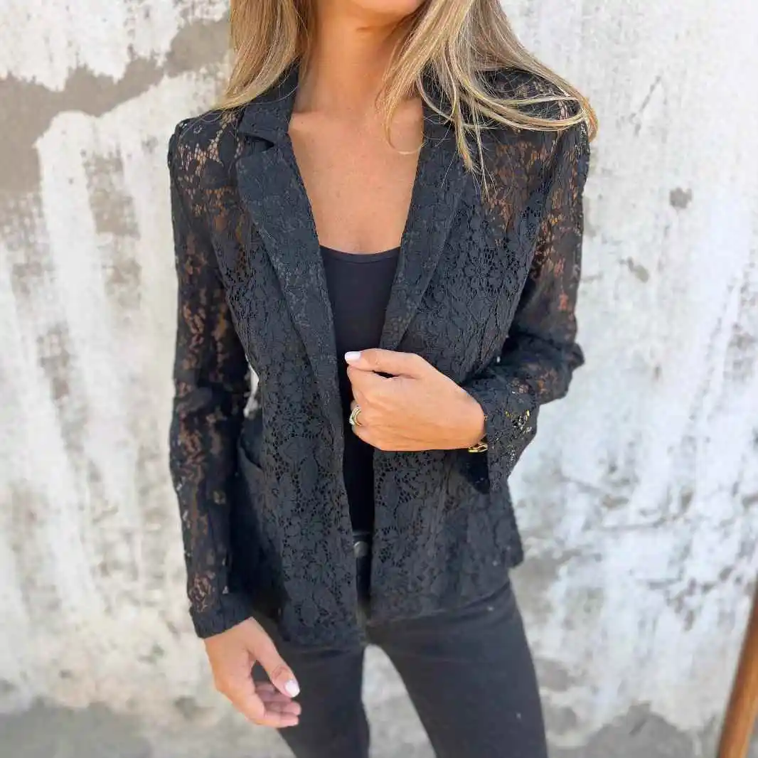 

Women's Lace Shirt Suit Commute Style Long Sleeve Suit Jacket Female Fashionable Pure Color Medium Length Coat