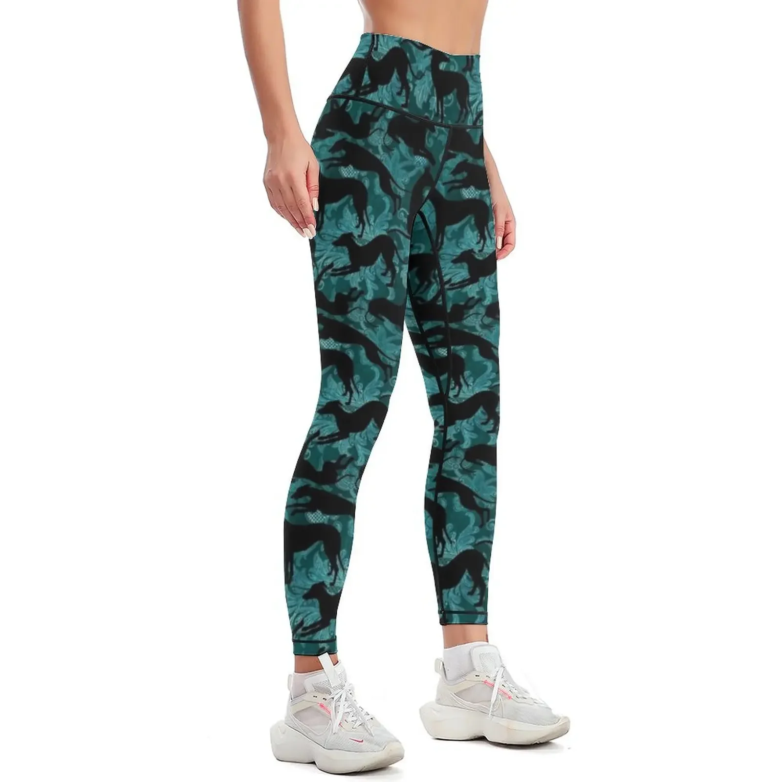 Cyan Damask Silhouetted Greyhounds Leggings sport legging gym's clothing sports shirts gym Womens Leggings