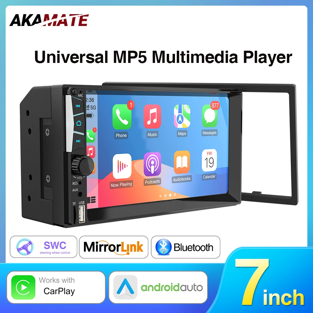 Universal 7'' Car Radio Multimedia Player Android Auto CarPlay Mirror Link Touch Screen Band EQ Stereo For Toyota Nissan Hyundai