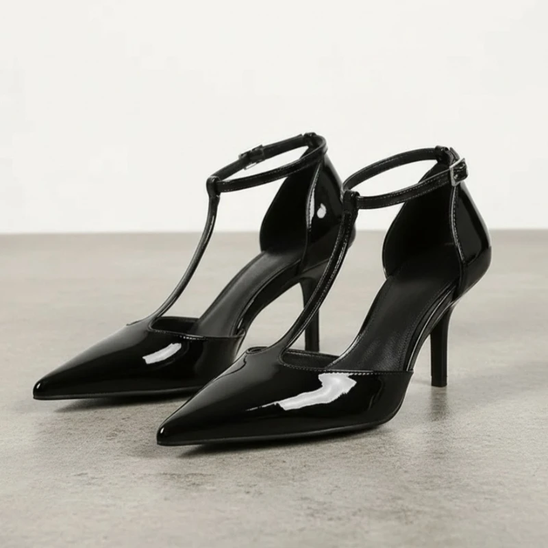 

Black Patent Leather T-strap Women Pumps High Heels Elegant Dress Shoes Comfort Office Lady Footwear Fashion Design