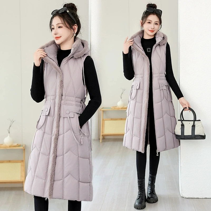 Women Mid Long Puffer Vest Autumn Winter New Warm Cotton Jacket Slim Outerwear Fashion Hooded Sleeveless Jacket Female Waistcoat