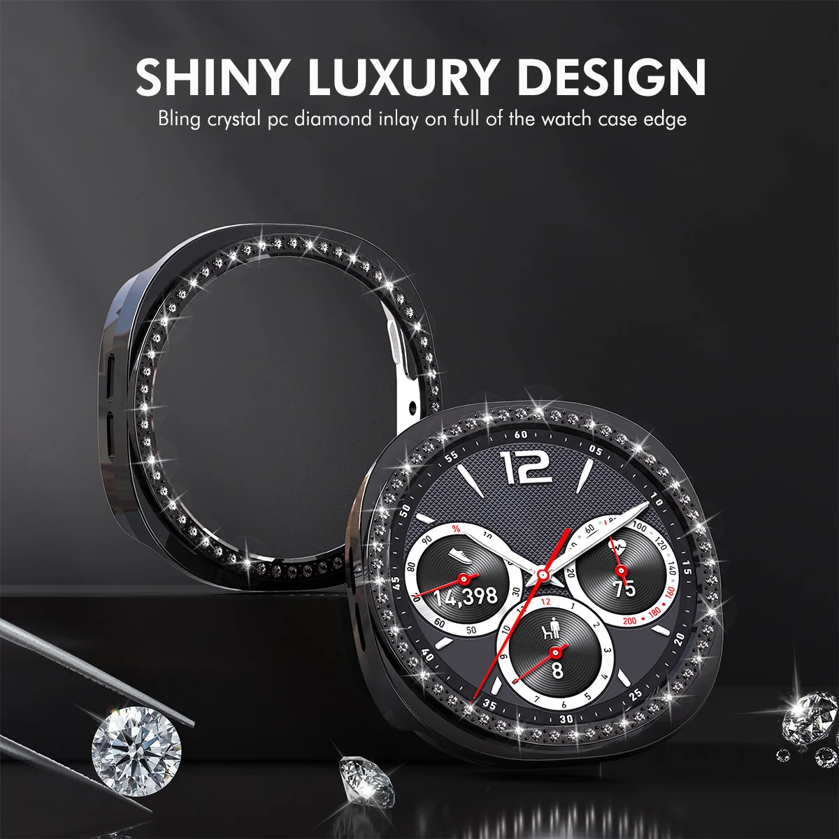 HAT PRINCE Per Samsung Galaxy Watch8 Custodia da 44 mm con pellicola per schermo PMMA Decorazione con strass Cover per orologio per PC - Nero