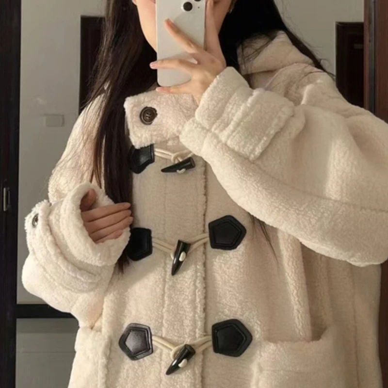 Lamb Wool Hooded Coats Women Cute Horn Button Jacket for Girls Winter Street All-match Chic Students Cozy Soft Baggy Outerwear