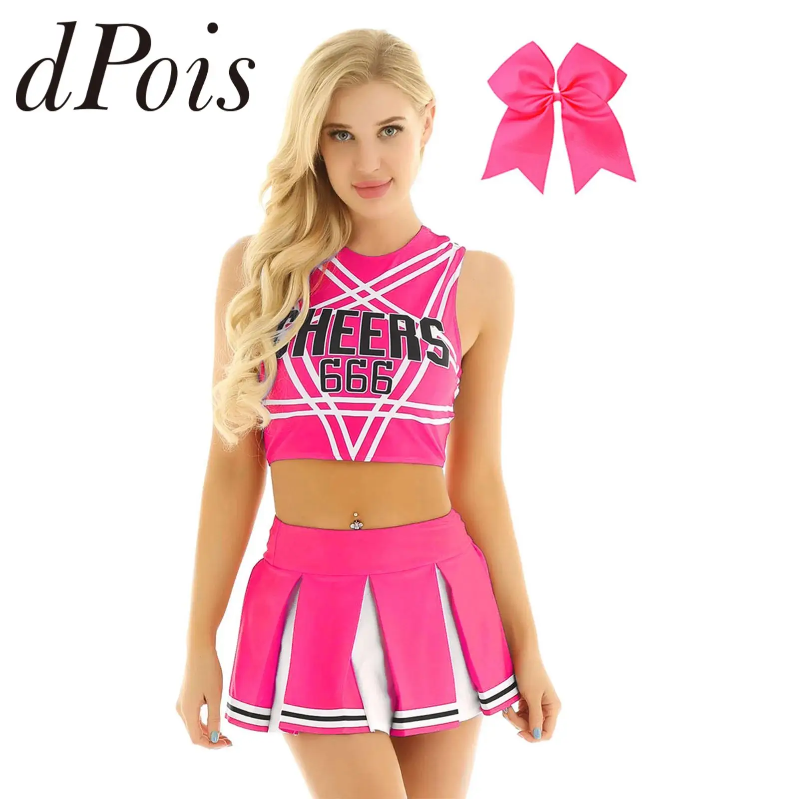 Women School Girl Cheer Dance Uniform Cheerleader Costumes Outfits Top Mini Pleated Skirt Bowknot Hairband Cheering Teamwear