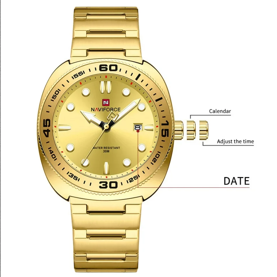 NAVIFORCE NF9250 العلامة التجارية للرجال الرياضة الفاخرة الفولاذ المقاوم للصدأ حزام 30 متر مقاوم للماء عرض التاريخ كوارتز ساعة اليد