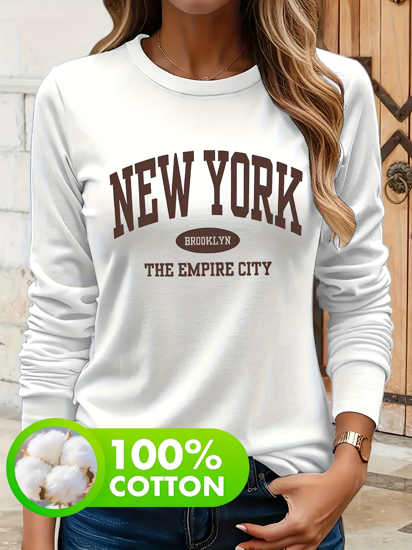 Women'S 100% Cotton Letter Print New York City Graphic Long Sleeve T-Shirt Soft Comfortable Casual Retro Style T Shirt