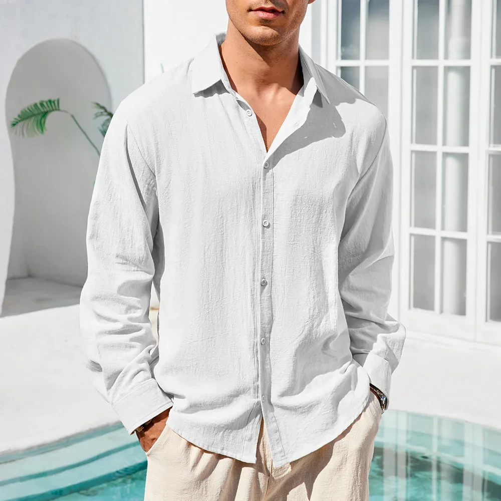 Kemeja Kasual Pria Katun Linen Warna Solid Bernapas Ringan Hawaii Lengan Panjang Kerah Lapel Atasan Nyaman Pakaian Pria